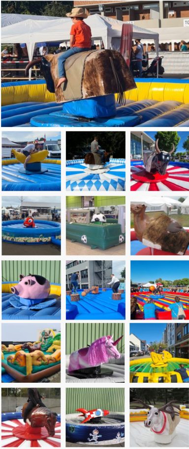 Farbenfrohe Freizeitaktivitäten auf einem Festplatz mit verschiedenen Attraktionen.