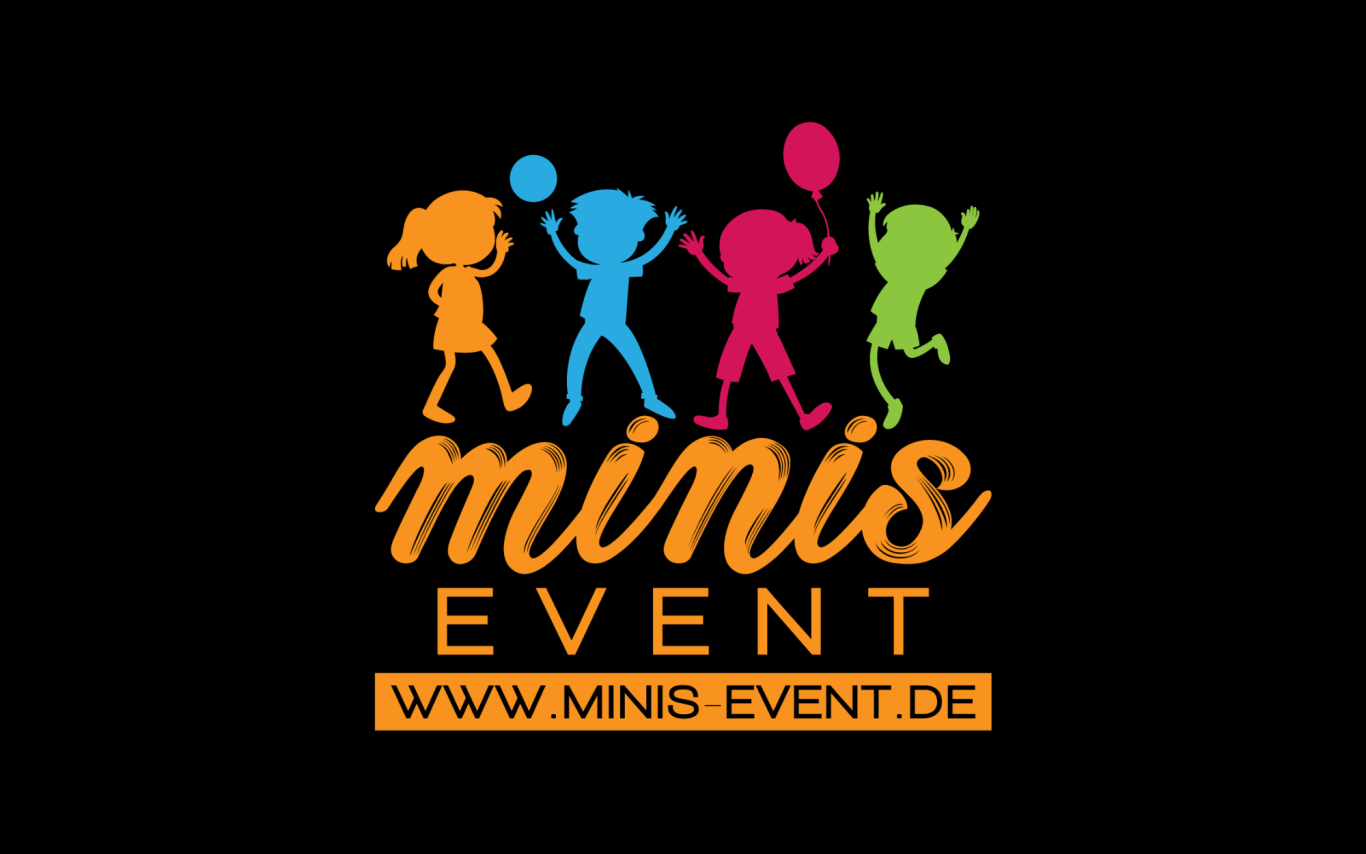 Bunte Silhouetten von Kindern, die tanzen und feiern, mit dem Text "minis EVENT".
