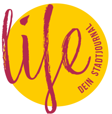 Logo von "life, dein Stadtjournal" mit gelbem Hintergrund und rotem Schriftzug.